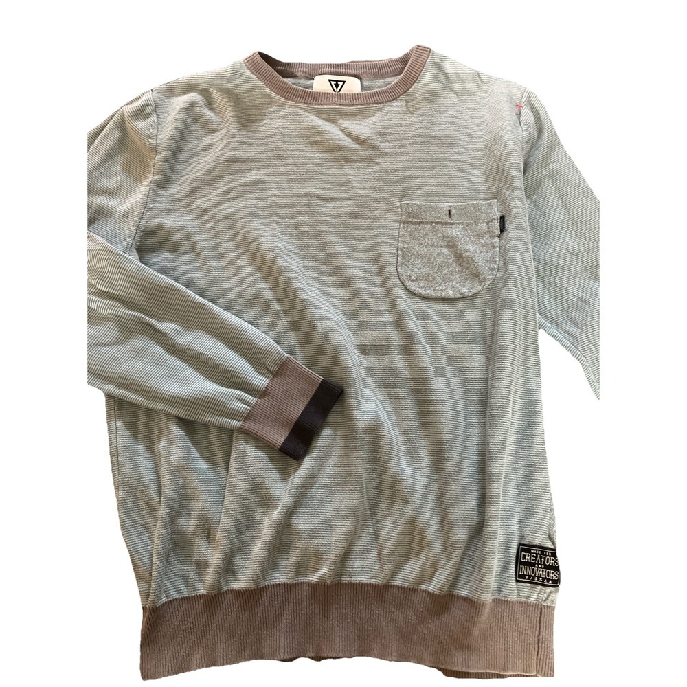 VISSLA Mens Long‎ Sleeve Crewneck Sweatshirt Teal Stripe Pocket L